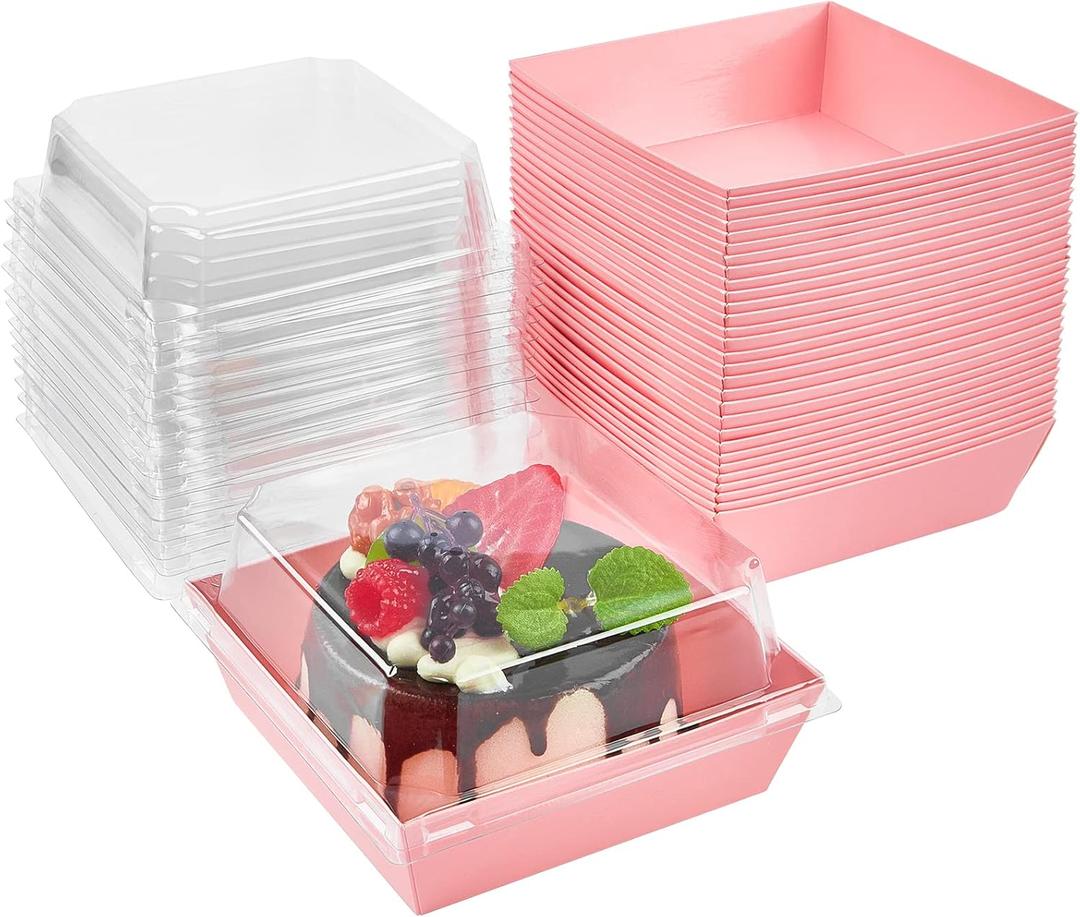 Kucoele 50 Pack Small Charcuterie Boxes with Clear Lids, 4 Inches Paper Bakery Boxes Dessert Boxes Disposable To Go Food Containers for Cookie, Cake Slice, Mini Cake, Chocolate Strawberry (Pink)