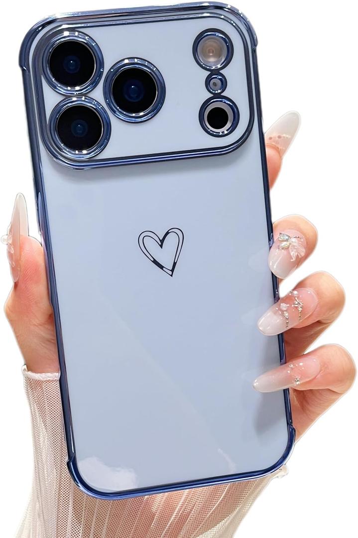 ZTOFERA Designed for iPhone 17 Pro Case 6.3 inch,Cute Plating Edge Love Hearts Pattern with Camera Lens Protection Phone Cover for Girls Women,Blue