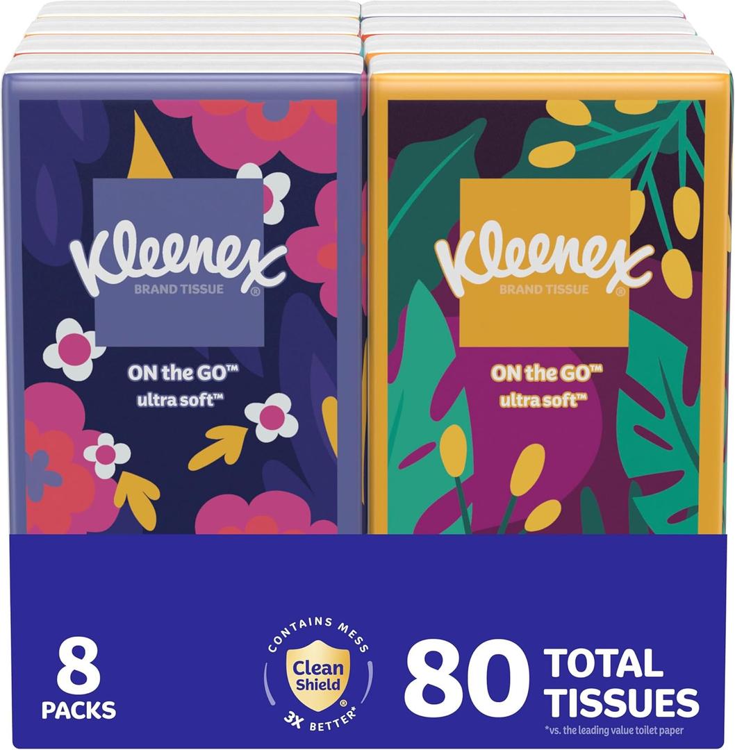 Kleenex On-The-Go Facial Tissues, 8 On-The-Go Packs, 10 Tissues per Box, 3-Ply (80 Total), (White)