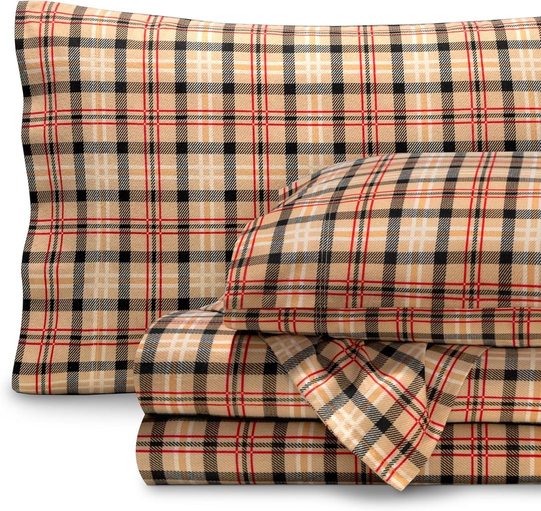 Bare Home Flannel Sheet Set Prints, 100% Cotton, Velvety Soft Heavyweight - Double Brushed Flannel for Extra Softness & Comfort - Deep Pocket - Bed Sheets (Split King, Red Lodge Plaid)