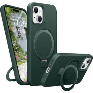 Soft Liquid Silicone Case for iPhone 15 with Magnetic Invisible Stand, Military Grade Shockproof Protection, Anti-Scratch Microfiber Lining Covers for iPhone 15, Pine Green