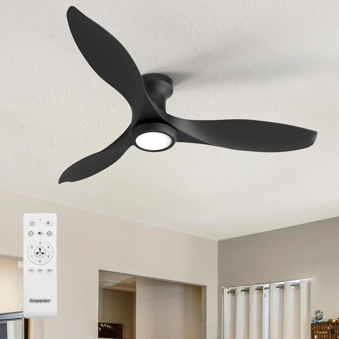 Ensenior 52 Inch Flush Mount Ceiling Fan with Light and Remote, Black Low Profile Ceiling Fans with Lights for Bedroom Living Room, 3 ABS Blades, Modern Quiet Reversible DC Motor, 3CCT, 6 Speeds