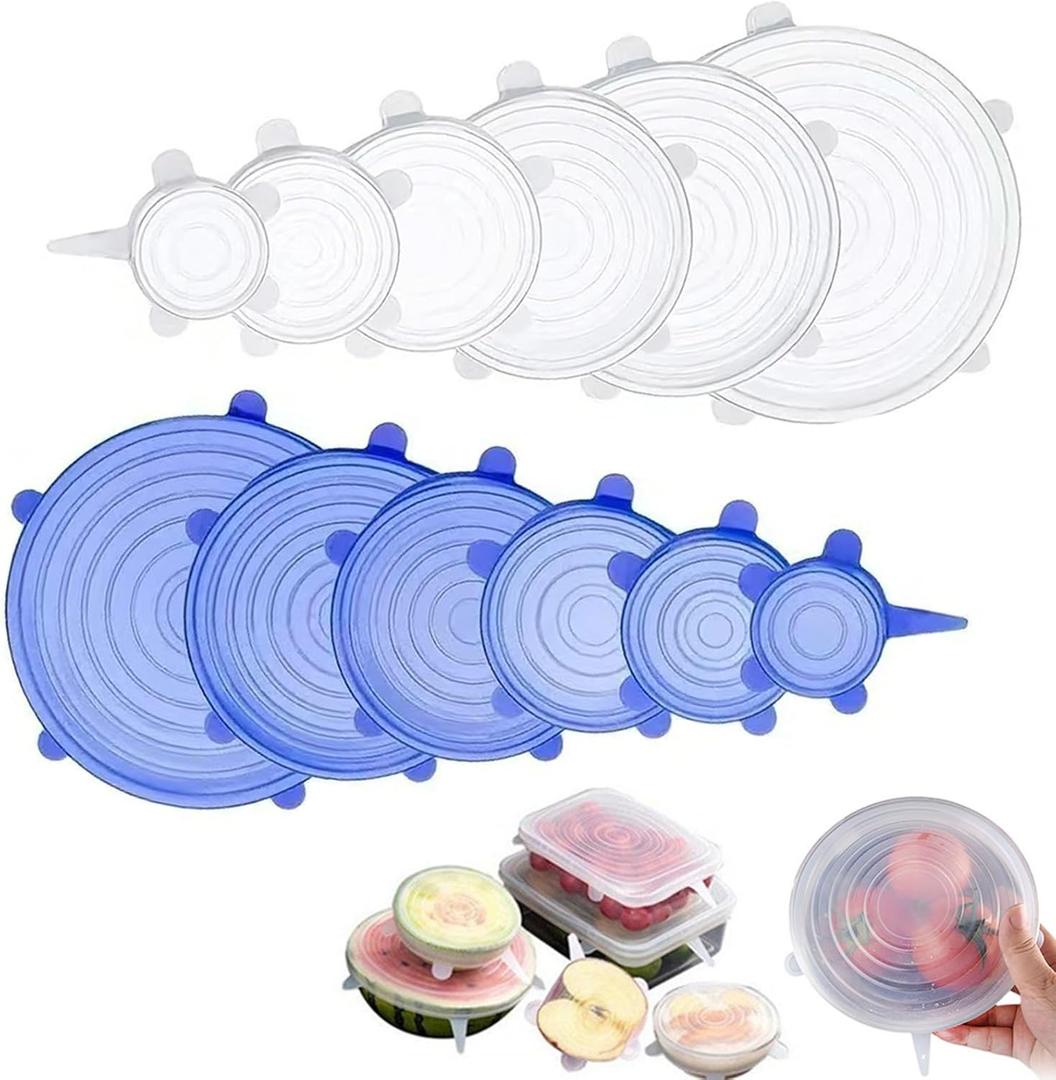 12Pcs Silicone Stretch Lids, Reusable Silicone Lids for Food Storage, 6 Different Sizes Food Grade Silicone Bowl Covers, Heat Resistant Airtight Seal Lids for Bowls Cups Cans Jars Round Containers