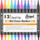 Wet Erase Markers Dual Tip, Lazgol 12 Assorted Colors, Dual Tip Brush & Fine Overhead Transparency Smudge Free Markers for Dry Erase Whiteboard, Refrigerator Calendars, Glass, Films and Any Kind of