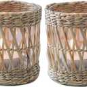 Wicker Rattan Woven Tea Light Candle Holder Set of 2, Handcraft Woven Votive Candle Holder, Rustic Vintage Seagrass Glass Votive Candle Holders for Dining Table Christmas Decoration