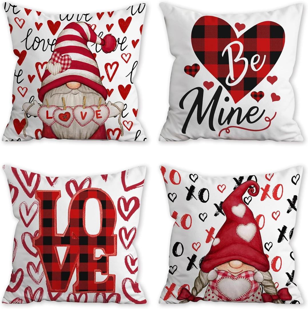 Valentines Day Pillow Covers, Valentines Decorations Indoor Pillow Covers 18x18 Set of 4 Red Buffalo Plaid Gnomes, Valentine Day Decor Throw Pillow Covers for Couch Sofa Living Room Outdoor