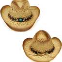 YOUBADU Western Straw Cowboy and Cowgirl Hats with Decorative Bands - Unisex Wide Brim Raffia Style Sun Hat