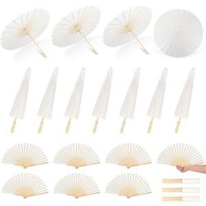 PLUVAVA 5 PCS 33 Inch White Paper Umbrella and 5 PCS Folding Handheld Fans Paper Parasols Large Chinese Japanese Oiled Umbrella DIY Painting Carfts for Wedding Props Bridal Party Décor (5 PCS)