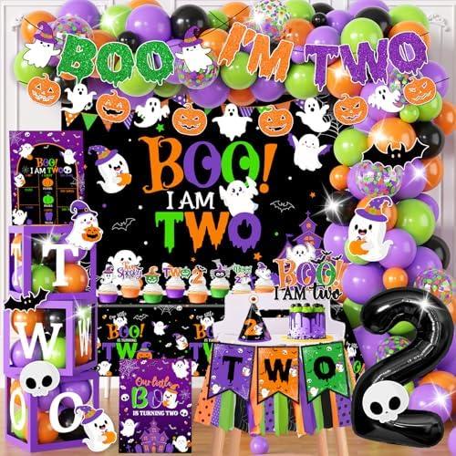 Halloween 2nd Birthday Party Decorations 164Pcs Boo I’m Two Monthly Photo Banner Backdrop Tablecloth Balloon Box Cake Topper Crown Poster for Two Years Old Boys or Girls