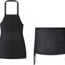 KINGOD 2-Piece Black Kitchen Apron Set  Full Bib Apron & Half Waist Apron, Adjustable Chef Aprons with Pockets for Cooking, BBQ, Restaurant & Serving