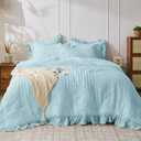 JOLLYVOGUE Light Blue Queen Comforter Set, 3 Pieces Seersucker Comforters Queen Size, Lightweight & Fluffy Bedding Sets for All Season with 1 Ruffle Comforter & 2 Ruffle Pillowshams