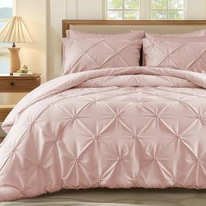 WOLKI King Size Comforter Set Pink, 3 Pieces Bed Lightweight Solid Bedding Comforters Sets, All Season Fluffy Down Alternative Comforter Bed Set Quilt Blanket