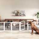 JSB 144-inch Extra Wide 30-inch Tall Dog gate with Door Walk Through, Freestanding Round Tube Pet Gate for Halls Stairs, Puppy Safety Dog Fence with 2PCS Support Feet (White)