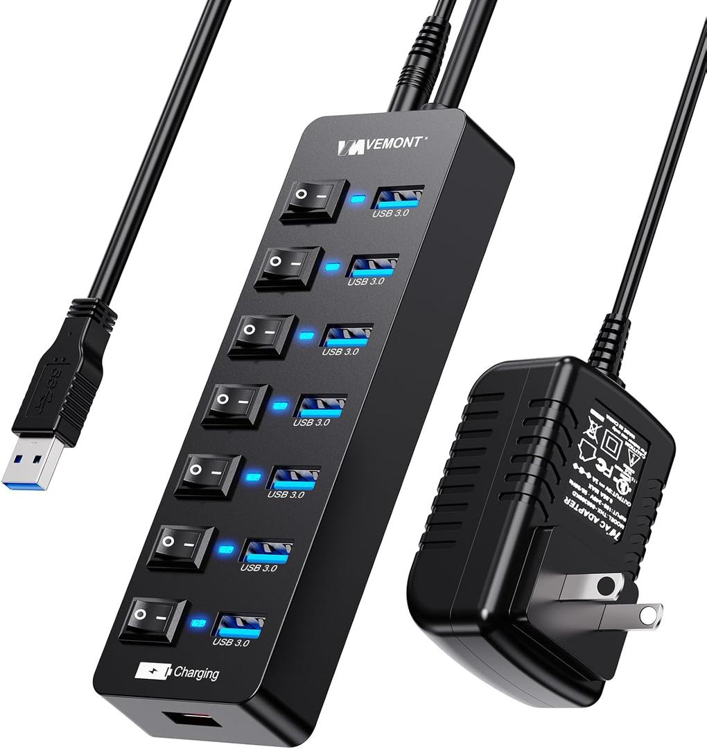 Powered USB Hub 3.0,VEMONT 7 Ports Multi USB hubs and 1 USB Smart Charging Port with 5V/3A Power Supply,USB Extension Splitter with Individual On/Off Switches and 4ft/1.2m Long Cable for PC/Laptop (Black)