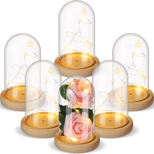 Remerry 6 Pcs Plastic Cloche Dome with Base and LED Fairy Light 6.5 x 3.7 Inch Plastic Dome Display Case for Craft DIY Display Flower Candle Plants Medals Photos Antique Doll Decorative Fill