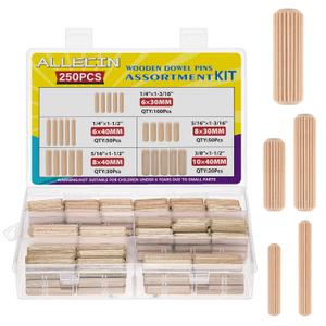 5 Sizes 250Pcs Wooden Dowel Pins Kit 1/4 3/8 5/16 Inch Small Fluted Wood Dowels Pegs Hardwood Pin for Furniture Woodworking Crafts