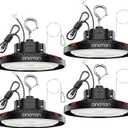 CINOTON UFO LED High Bay Light, 160W Switchable, AC100-277V LED Shop Lights with US Plug, 24000LM Dimmable 0-10V Commercial Bay Lighting for Garage Workshop 5000K Daylight-UL Listed, 4 Pack (Red)
