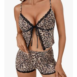 KIFOVEN Women’s Pajamas Set 2 Pieces Cami Crop Top Shorts Pjs Lace Trim Tie Front Sleepwear Lingerie Set, M