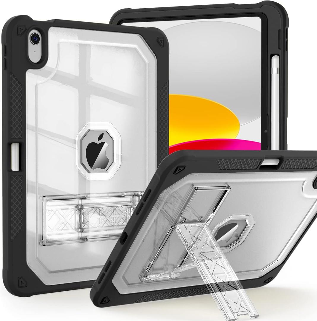 ZoneFoker Case for iPad 11-inch (A16) 2025 / iPad 10th Gen 10.9 inch 2022, Heavy Duty Shockproof Rugged Protective with Pencil Holder, 11th / 10th Translucent Cover with Kickstand, Black (#12 BLACK+CLEAR)