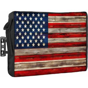 American Flag Outdoor TV Cover 30 to 32 Inches Weatherproof & Waterproof, Red Striped Blue Star Outdoor TV Enclosure with Remote Control Pocket, Vintage Wooden TV Screen Protectors for Outside TV