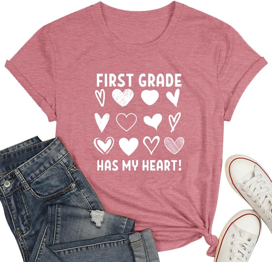 Teacher Shirts for Women-Hello Kindergarten Teacher Short Sleeves Teaching Life Shirt Rainbow Heart Tee Tops (S)