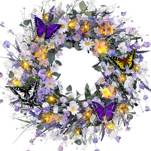 24 Inch Spring Wreath for Front Door, Artificial Summer Wreath with Daisy Lavender and Green Eucalyptus Leaves, Large Flower Wreath with Fake Butterflies for Indoor Outdoor Home Festival Decor