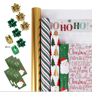 LaRibbons Christmas Wrapping Paper Set, Classic Santa & Stripe Design with Gift Bow & Ribbons & Tags, Perfect for Holiday, Party, Xmas Celebration,30 Inch X 10 Feet (4Rolls, 100 sq.ft.ttl.)