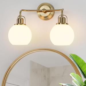 16" Bathroom Vanity Light, 2-Light Brushed Gold Vanity Lighting Fixture Over Mirror,Modern Wall Mount with Milk White Globe Glass Shade .16" L x 6.75" W x 10.5" H .BD045-2-G