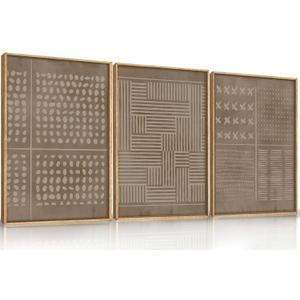 FWIEXA Mid Century Modern Framed Wall Art Set, Brown Boho Neutral Canvas Wall Decor, Large Geometric Pictures Wall Painting, 3 Panel 16x24 Inch Art Print for Living Room, Bedroom, Office Farmhouse