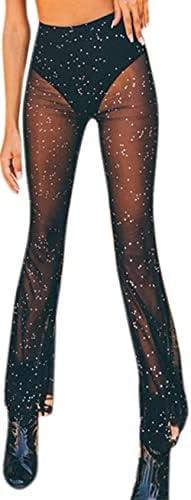 Women's Rave Sheer Mesh Sparkly Pants Bell Bottom Rave Outfit Clothes for Festival Dance Clubwear L