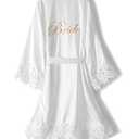 Crystal Dew Women's Lace Trim Bride Kimono Robes with Embroidery Bridal Silky Satin Bathrobe Wedding Party Sleepwear M