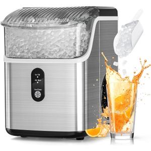 Antarctic Star Nugget Ice Makers Countertop, Pebble Ice Machine with Chewable Pellet Ice, 34Lbs/24H, Self-Cleaning, Sonic Ice, One-Click Operation, for Kitchen,Office Stainless Steel Silver