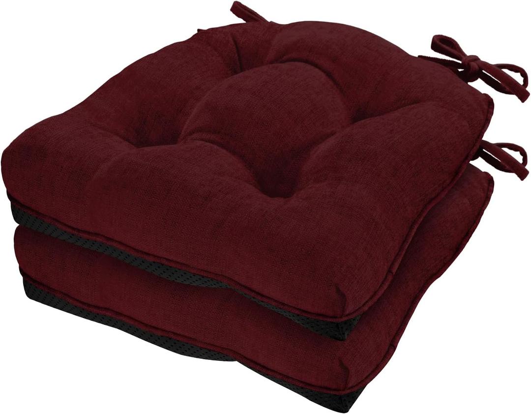 Cozyide Chair Cushions for Dining Chairs, 17" x 17" Non-Slip Kitchen Chair Pads with Adjustable Ties, Indoor Chair Cushions for Dining Room, Burgundy (Pack of 2)