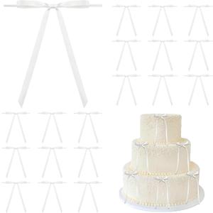 Pre-Tied Small White Coquette Bows for Cake 5 x 7 Inch, White Satin Ribbon Bows with Twist Tie for Birthday Party Decorations, Balloon, Crafts, Wedding, Christmas Tree (50 Pack)