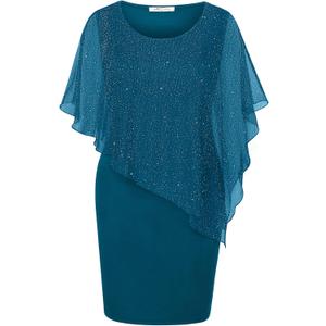 SeSe Code Women's Mesh Cape Overlay Bodycon Knee Length Pencil Dress for Wedding Guest (Large, Star Navy Blue)