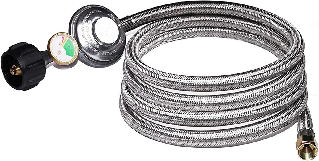 DOZYANT 12 Feet Universal QCC1 Low Pressure Propane Regulator Hose Replacement with Propane Tank Gauge, Stainless Steel Braided Hose for Most LP Gas Grill, Heater Fire Pit Table, 3/8" Female Flare