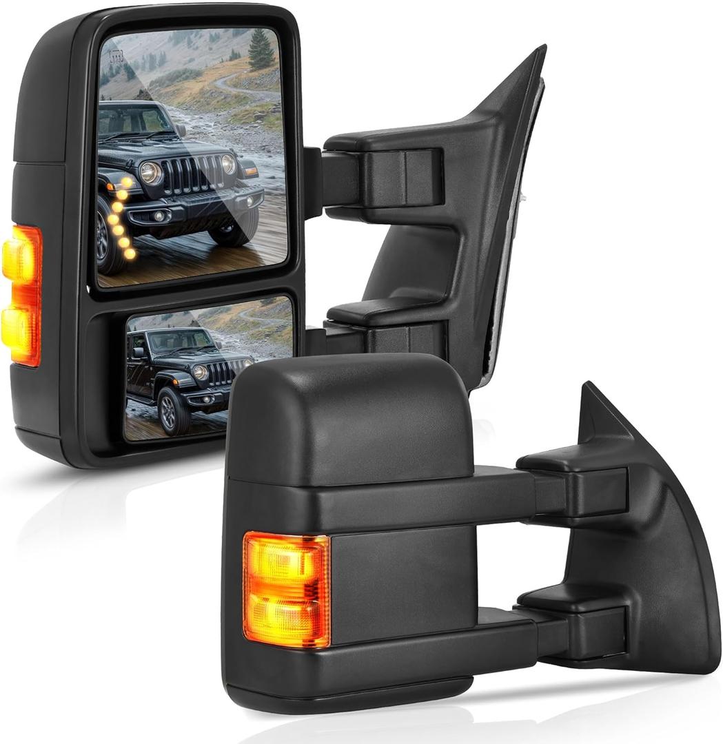 DWVO Towing Mirrors Compatible with 08-16 Ford F250 F350 F450 F550 Super Duty Mirror with Heated Folding Amber Turn Signal Light Power Manual Telescoping Pair Black