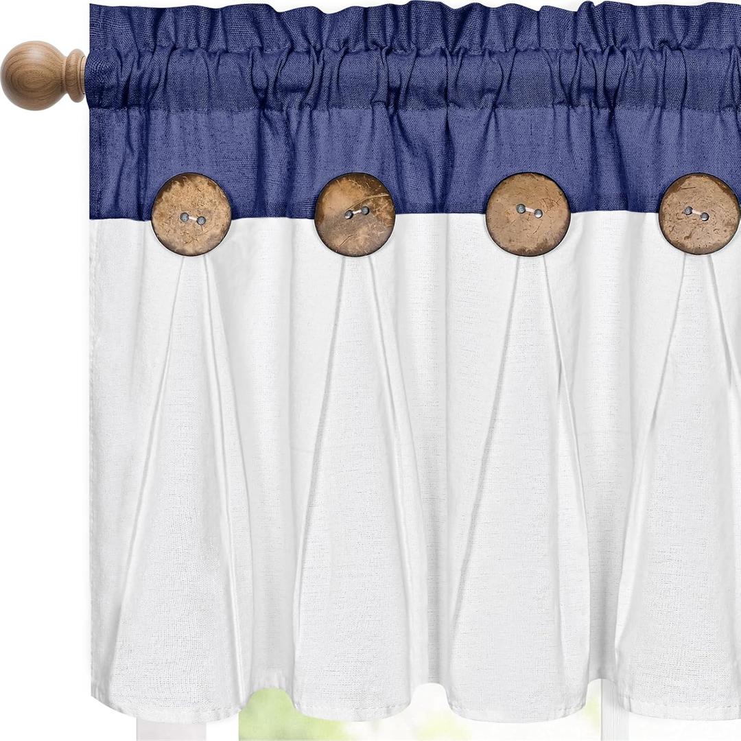 FRAMICS Farmhouse Valance Curtains, Boho Cotton Linen Kitchen Valances, Navy Blue Rustic Button Window Valance for Kitchen Bathroom Bedroom, Country Rod Pocket Valances for Windows, 52 x 18 Inch