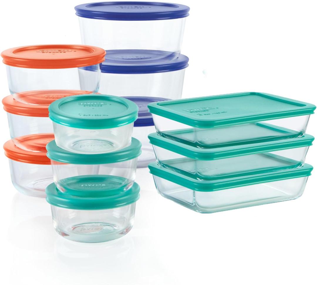 Pyrex Simply Store (12Pack) Glass Food Storage Containers Set, (1, 2, & 3 Cup) Meal Prep Containers with Plastic BPAFree Lids, Dishwasher & Microwave Safe