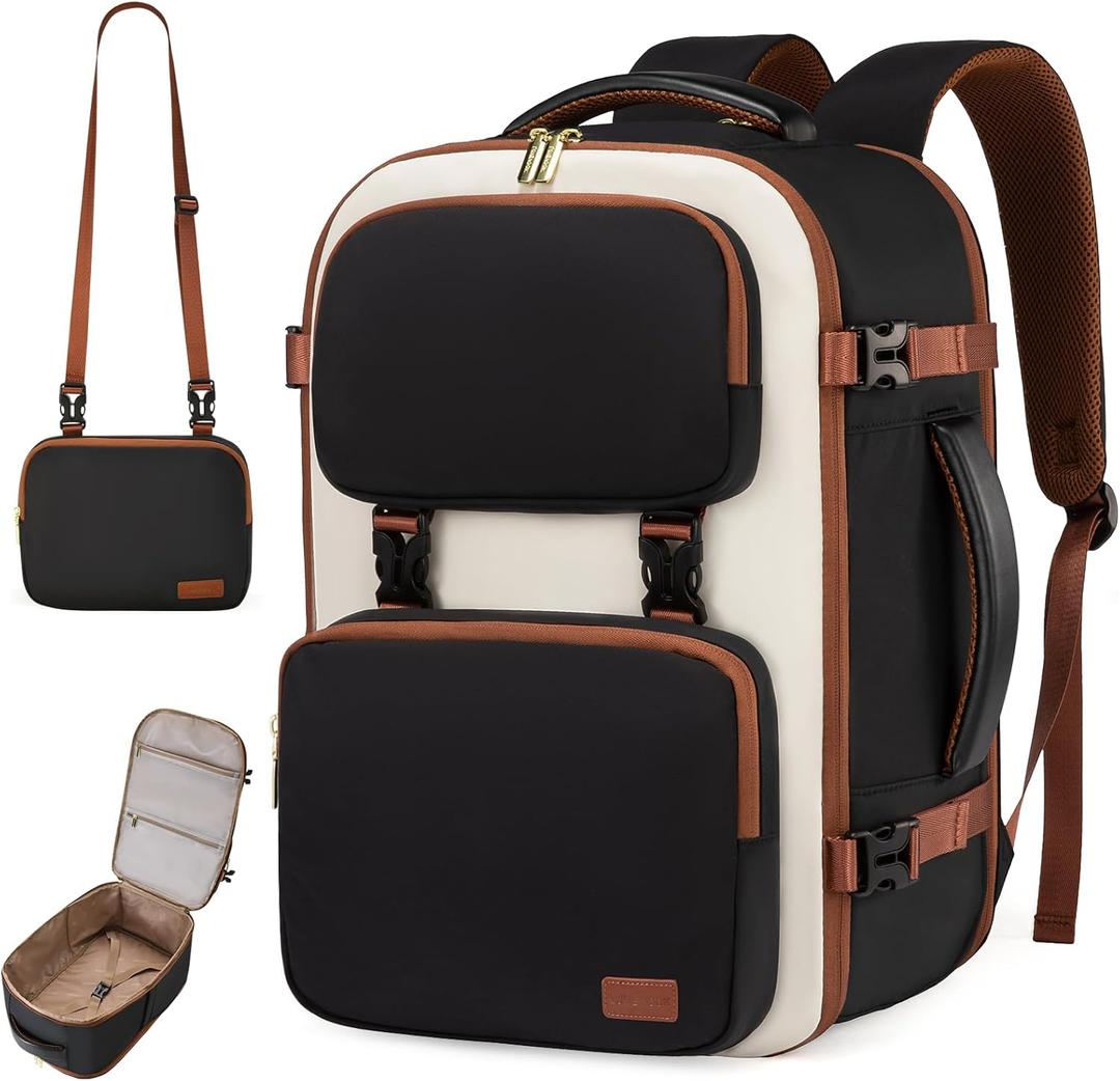 LOVEVOOK Travel Backpack for Women Men, TSA Carry on Backpack Flight Approved 40L Fits 17 Inch Laptop, Waterproof Personal Item Travel Bag Business Weekender Daypack with Detachable Crossbody Bag (Black&white&brown)