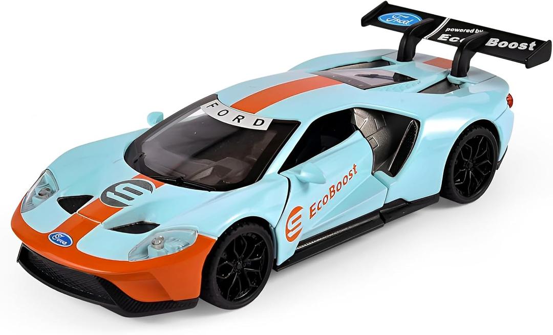 Toy Cars 1/32 Scale Gulf Oil Ford GT Diecast Cars - Light, Sound & Pull Back Function - Zinc Alloy Car Model Gift for Boys & Boyfriends