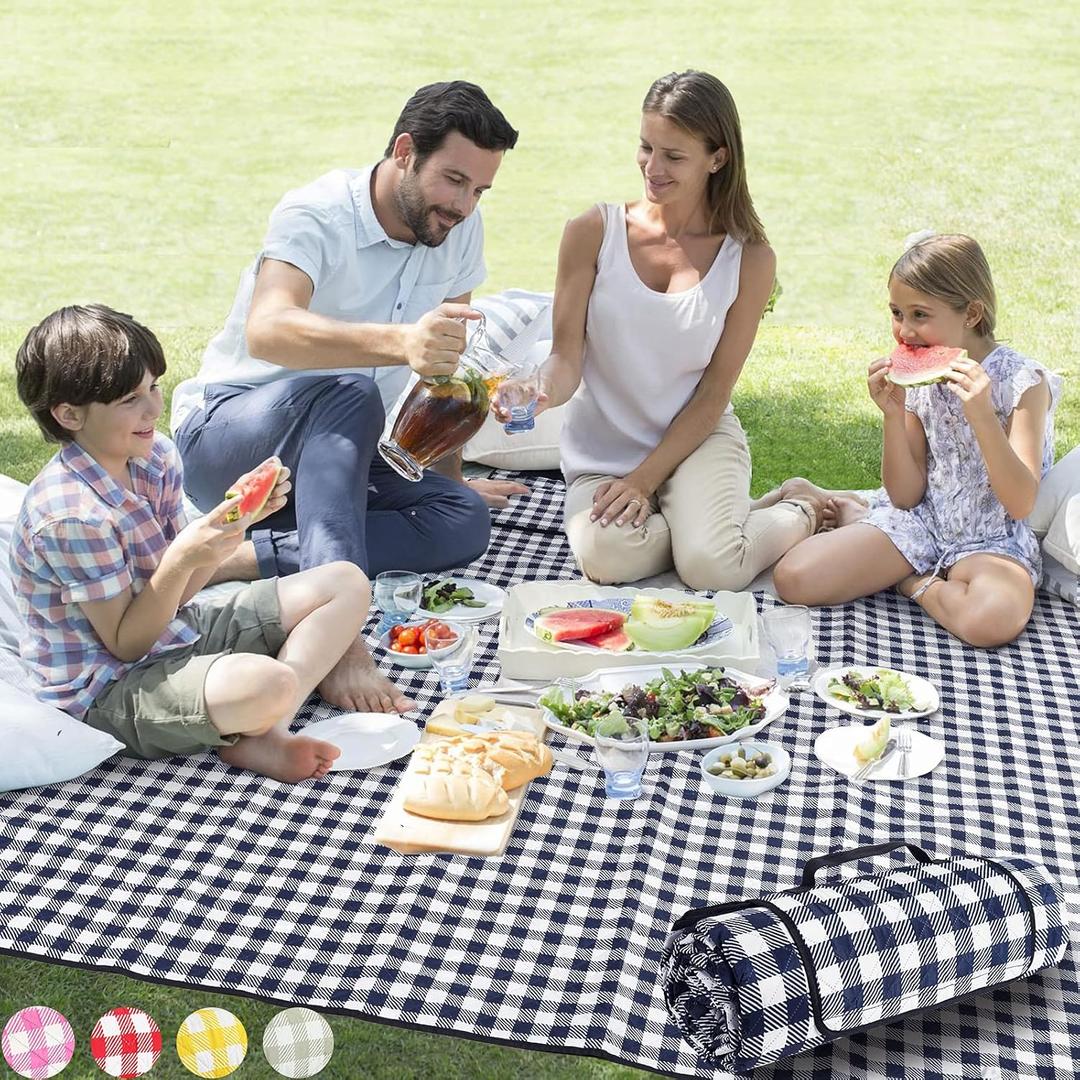 ZAZE Picnic Blankets Machine Washable, 80''x80'' Extra Large Waterproof Sandproof Foldable Compact Beach Blanket, Oversized XL Outdoor Mat for Spring Summer Camping, Park, Travel Grass (Blue and White)