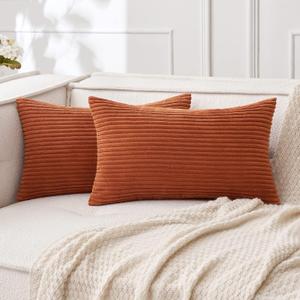 MIULEE Pack of 2 Rust Pillow Covers 12x20 Inch Soft Boho Striped Corduroy Throw Pillow Covers Set Decorative Square Cushion Cases Pillowcases for Sofa Bedroom Couch