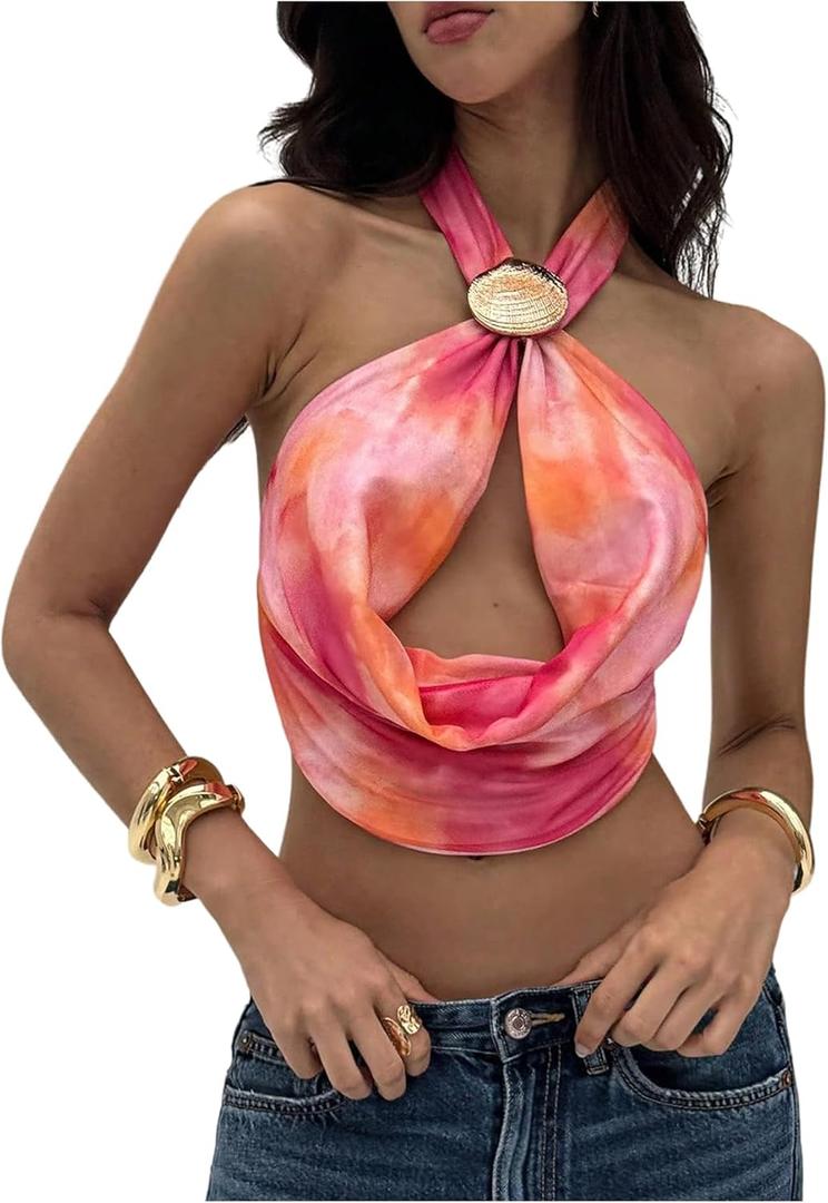 SOLY HUX Women's Backless Halter Crop Top Cowl Neck Tie Back Sexy Going Out Tops Vacation Outfits (Pink, L)
