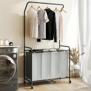 ROMOON Rolling Laundry Basket Organizer with Hanging Clothes Rack: 4 Section Laundry Hamper Sorter with Hanging Bar and Heavy-duty Lockable Wheels - Clothes Rack with Laundry baskets, 2025 Upgrade