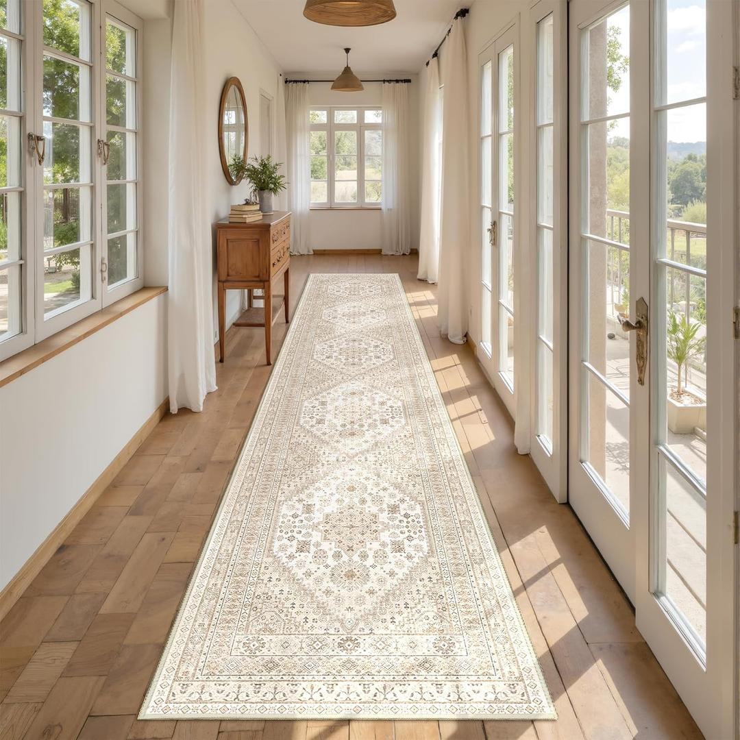 Hallway Runner Rug 2x12, Extra Long Washable Runner Rugs with Rubber Backing, Non Slip Runner, Vintage Rug Runners for Kitchen Laundry Room Entryway (Cream/Beige,2'x12')