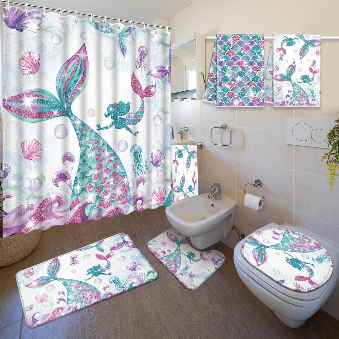 Nuanchu 6 Pcs Mermaid Shower Curtain Set with Rug Bathroom Sets with Shower Curtain Bath Mat U Shaped Mat Toilet Lid Cover 2 Bath Towels and 12 Hooks Mermaid Bathroom Decor
