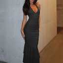 Women's Sexy V Neck Tie Halter Mesh Ruffle Hem Ruched Bodycon Cocktail Party Maxi Dresses (S)