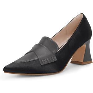 Women's Chunky Block Low Heels Pumps Stitching Retro Work Office Dress Shoes (8.5, Black)