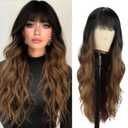 Vomella Black to Brown Wig With Bangs 26 Inch Long Curly Wavy Wig for Women Natural Looking Synthetic Heat Resistant Wig for Daily Party Use